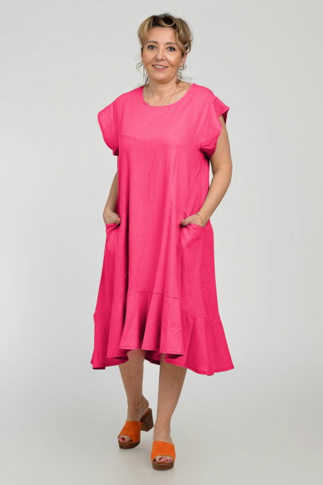 Rochie midi A-line din in mercerizat cu buzunare si volan, fucsia