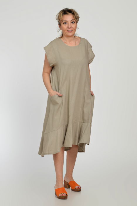 Rochie midi A-line din in mercerizat cu buzunare si volan, bej [2]