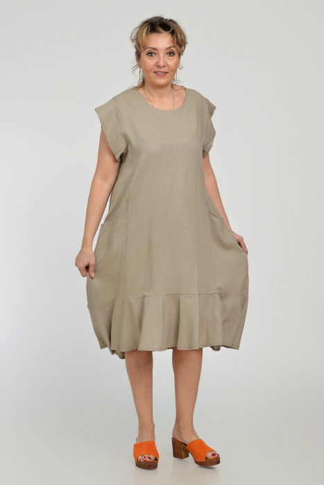 Rochie midi A-line din in mercerizat cu buzunare si volan, bej [4]