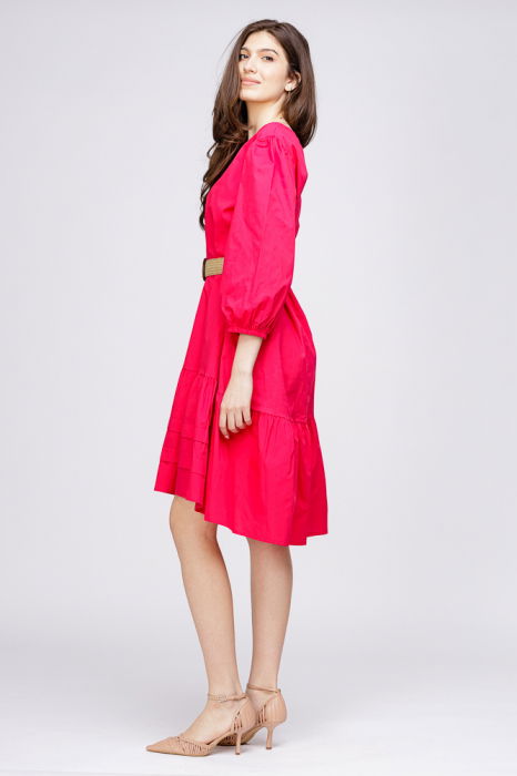 Rochie cu volan si curea din poplin de bumbac, fucsia [3]