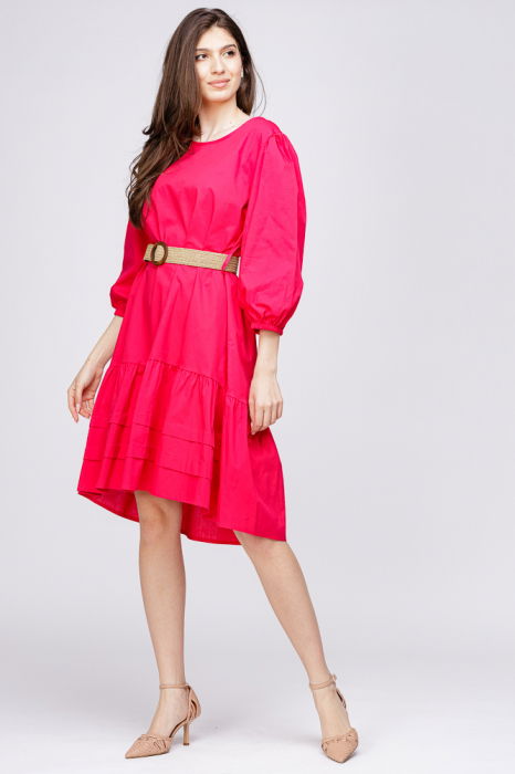 Rochie cu volan si curea din poplin de bumbac, fucsia [2]