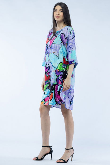 Rochie midi A-line din vascoza cu imprimeu inimi pe fond lila [2]