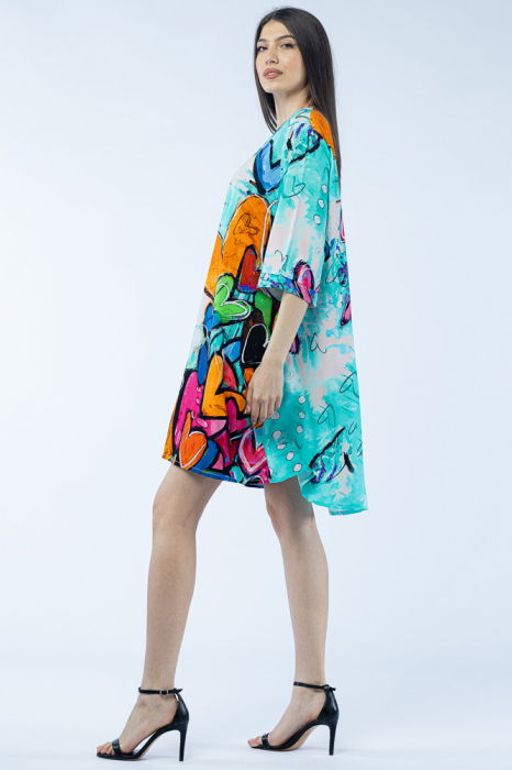 Rochie midi A-line din vascoza cu imprimeu inimi pe fond turcoaz [2]
