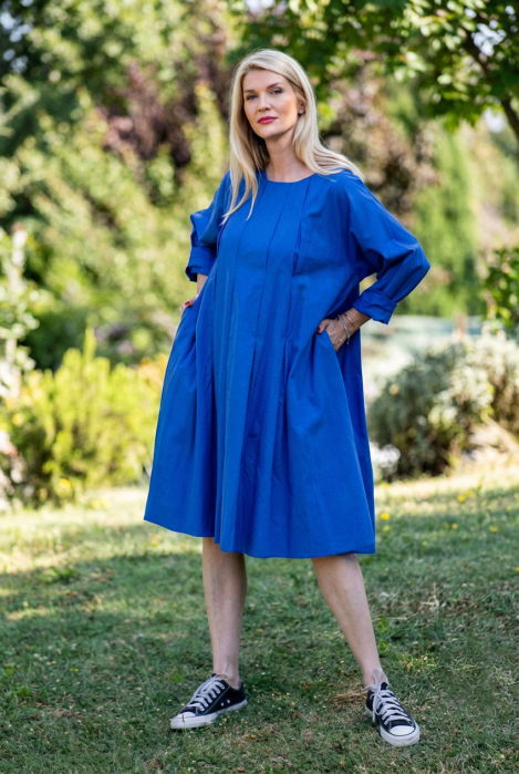 Rochie midi albastra cu pliuri in fata si spate, din poplin de bumbac [2]