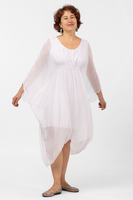 Rochie alba, midi, ampla, din matase si vascoza, cu detaliu sub bust, in colturi [2]