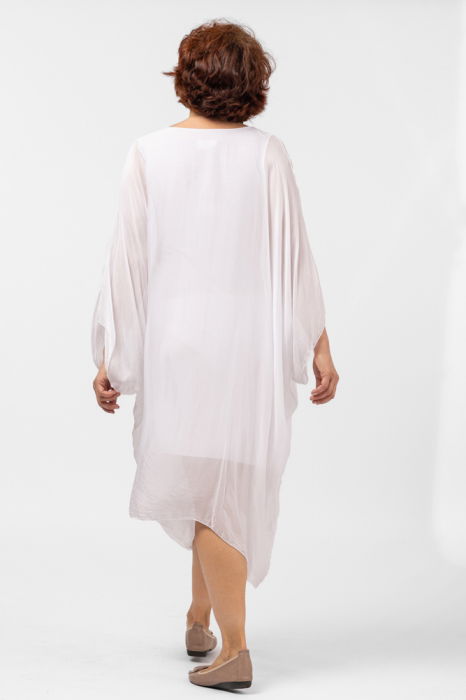 Rochie alba, midi, ampla, din matase si vascoza, cu detaliu sub bust, in colturi [7]