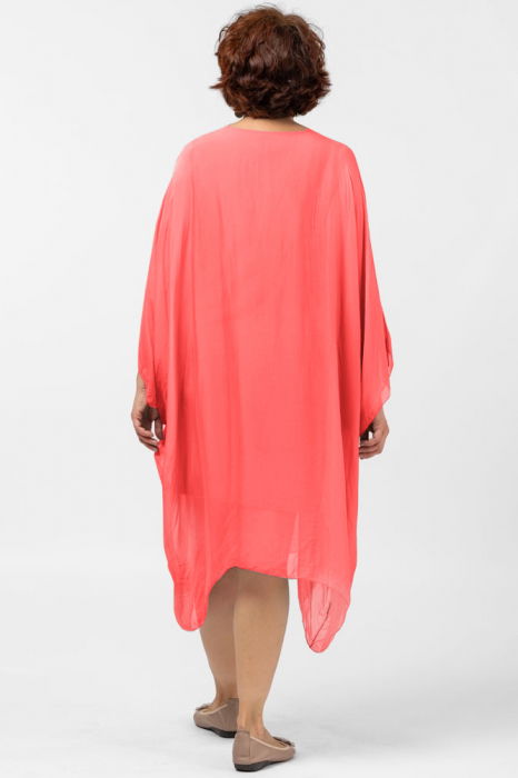 Rochie midi corai, ampla, din matase si vascoza, cu detaliu sub bust, in colturi [3]