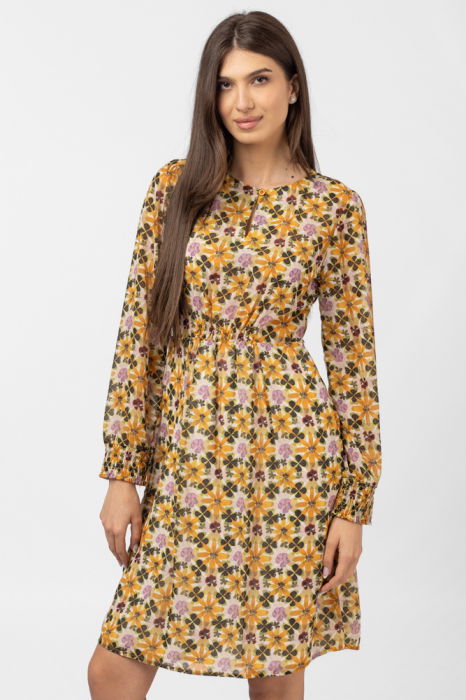 Rochie midi cu imprimeu floral galben sofran-verde olive [1]
