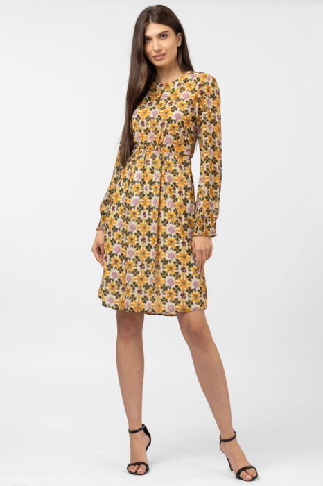 Rochie midi cu imprimeu floral galben sofran-verde olive [5]