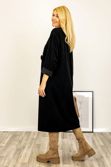 Rochie midi cu taietura oblica si boboci, din catifea reiata neagra [2]