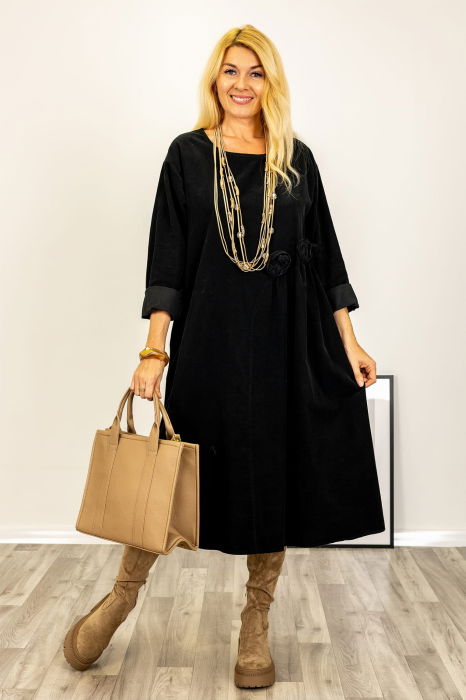 Rochie midi cu taietura oblica si boboci, din catifea reiata neagra [4]