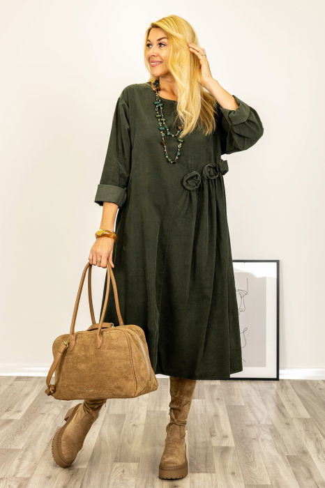 Rochie midi cu taietura oblica si boboci, din catifea reiata kaki [3]