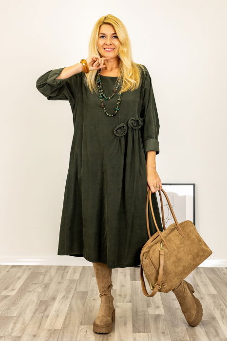 Rochie midi cu taietura oblica si boboci, din catifea reiata kaki [5]