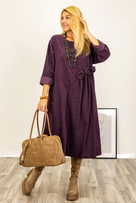 Rochie midi cu taietura oblica si boboci, din catifea reiata mov — Stella Milani, Rochii