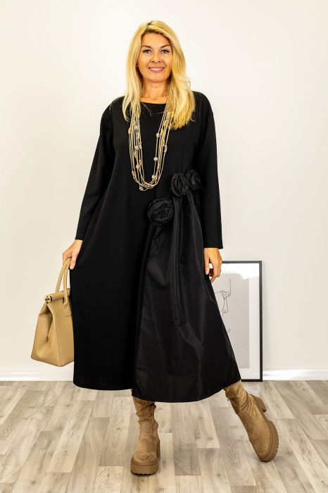 Rochie neagra asimetrica cu detalii florale 3d si insertii satinate de tafta [1]