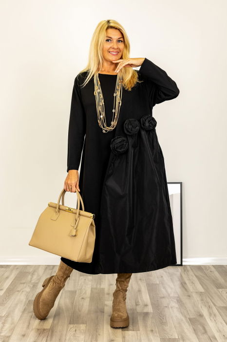 Rochie neagra asimetrica cu detalii florale 3d si insertii satinate de tafta [2]