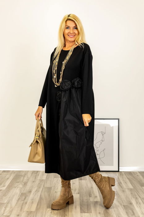 Rochie neagra asimetrica cu detalii florale 3d si insertii satinate de tafta [3]