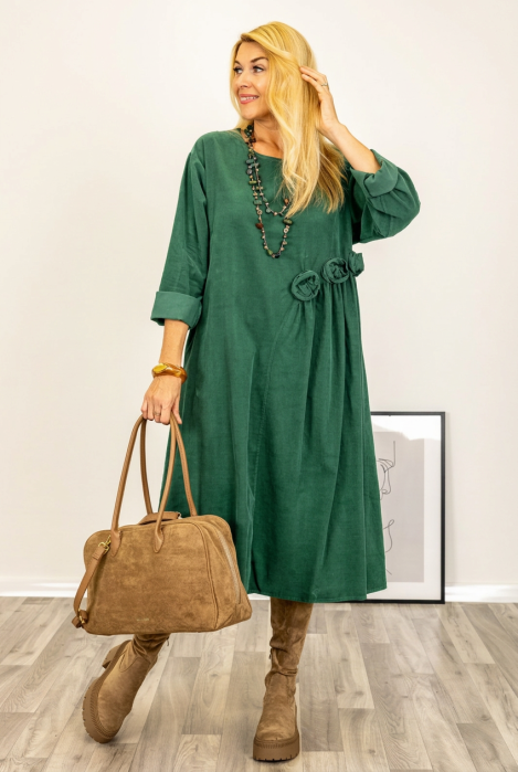 Rochie midi cu taietura oblica si boboci, din catifea reiata verde — Stella Milani, Rochii