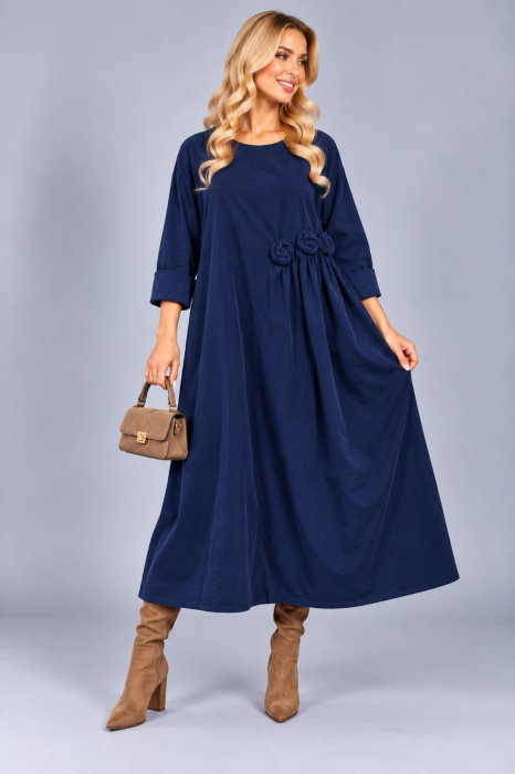 Rochie midi cu taietura oblica si boboci, din catifea reiata bleumarin — Stella Milani, Rochii