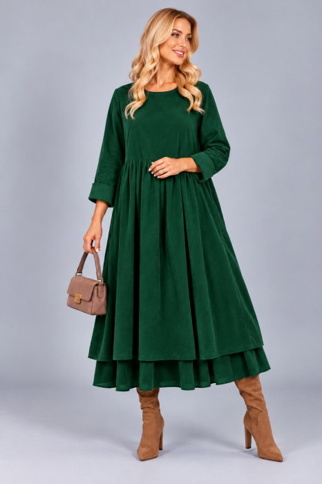 Rochie din catifea reiata de bumbac, cu fusta ampla si volan dublu din batist, verde smarald — Stella Milani, Rochii