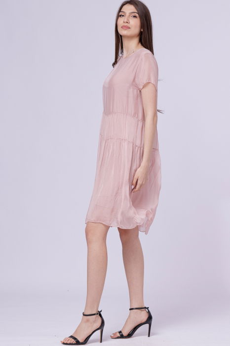 Rochie midi cu volan, din matase si vascoza roz prafuit [2]