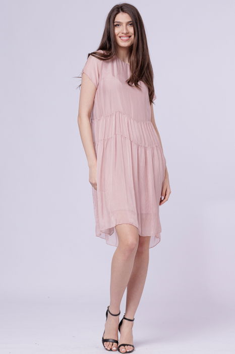 Rochie midi cu volan, din matase si vascoza roz prafuit