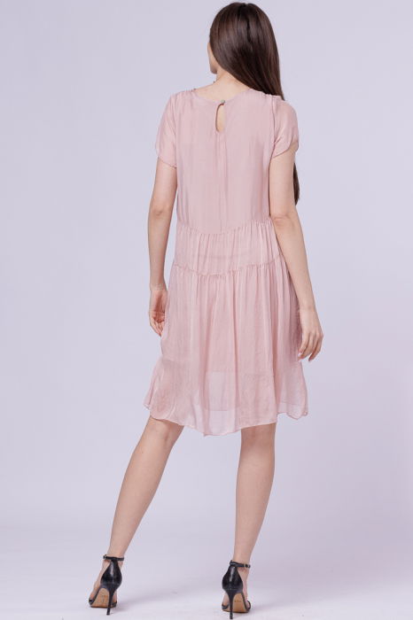 Rochie midi cu volan, din matase si vascoza roz prafuit [3]