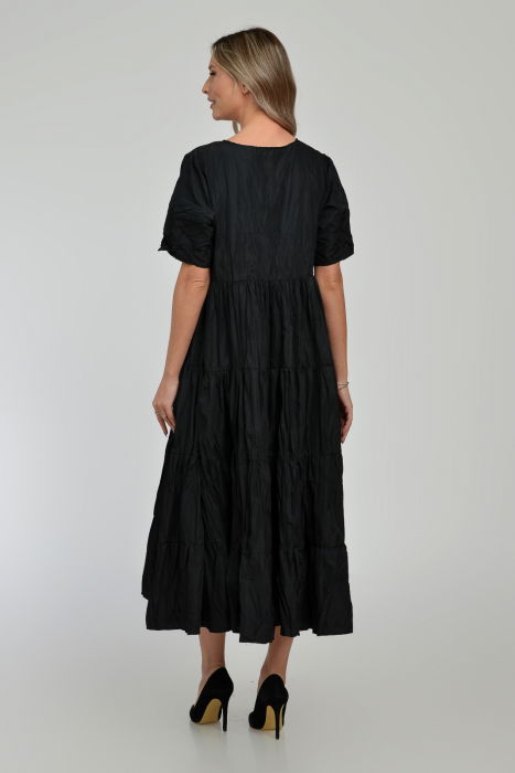 Rochie ampla, lunga, cu volane, A-line, taiata in talie, din tafta de vascoza, neagra cu irizatii maron [13]