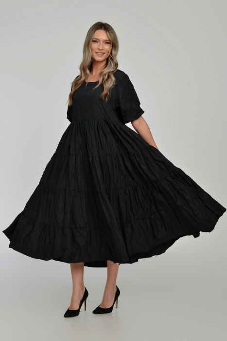 Rochie ampla, lunga, cu volane, A-line, taiata in talie, din tafta de vascoza, neagra cu irizatii maron [2]