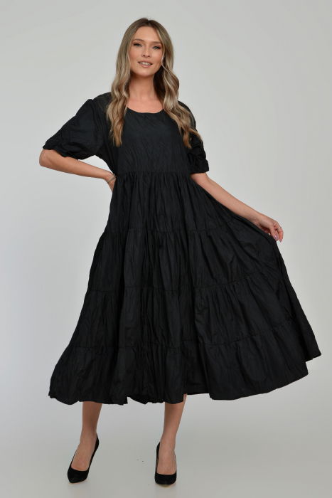 Rochie ampla, lunga, cu volane, A-line, taiata in talie, din tafta de vascoza, neagra cu irizatii maron [3]
