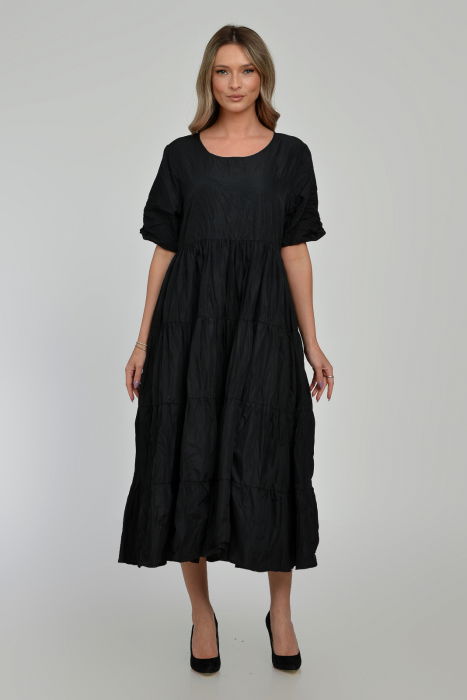 Rochie ampla, lunga, cu volane, A-line, taiata in talie, din tafta de vascoza, neagra cu irizatii maron [5]