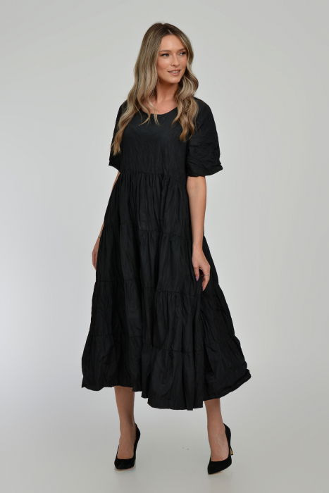 Rochie ampla, lunga, cu volane, A-line, taiata in talie, din tafta de vascoza, neagra cu irizatii maron [6]