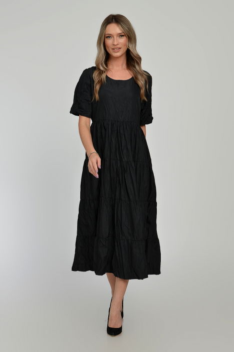 Rochie ampla, lunga, cu volane, A-line, taiata in talie, din tafta de vascoza, neagra cu irizatii maron [11]