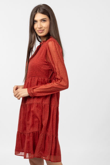 Rochie midi cu volane rosu-caramiziu si imprimeu floricele [3]