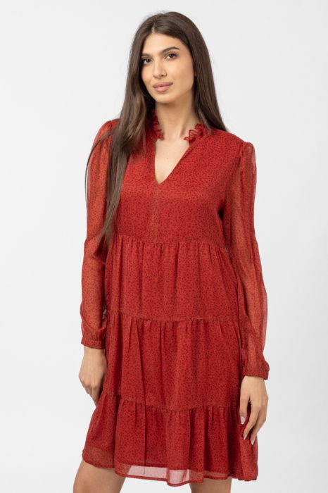 Rochie midi cu volane rosu-caramiziu si imprimeu floricele [2]