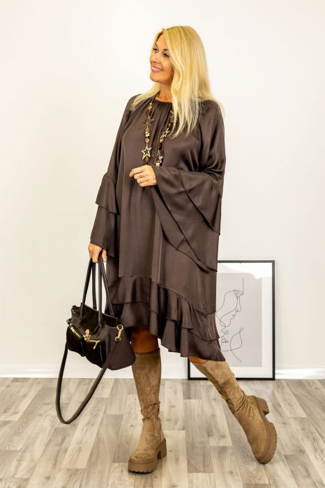 Rochie midi cu volane si maneci clopot, satinata, cu matase, maro [3]