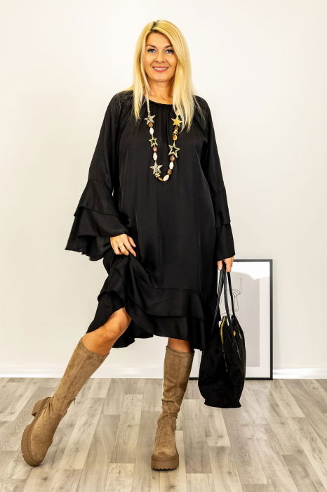 Rochie midi cu volane si maneci clopot, satinata, cu matase, neagra [3]