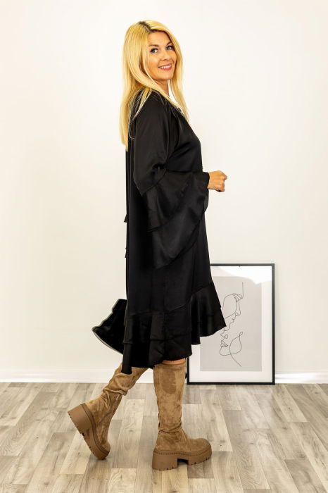 Rochie midi cu volane si maneci clopot, satinata, cu matase, neagra [4]