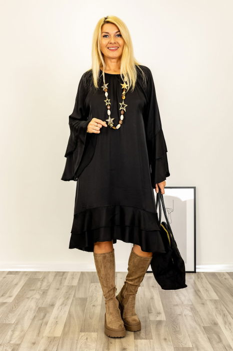 Rochie midi cu volane si maneci clopot, satinata, cu matase, neagra [2]