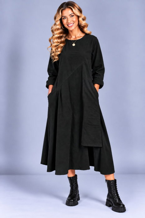Rochie midi din bumbac cu croi amplu, drapaj asimetric si buzunare, neagra — Stella Milani, Rochii