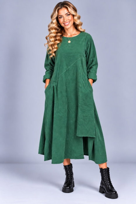 Rochie midi din bumbac cu croi amplu, drapaj asimetric si buzunare, verde — Stella Milani, Rochii
