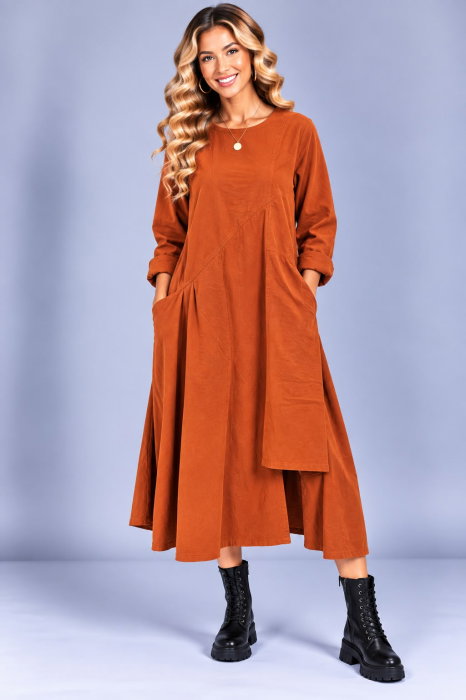 Rochie midi din bumbac cu croi amplu, drapaj asimetric si buzunare, caramizie — Stella Milani, Rochii