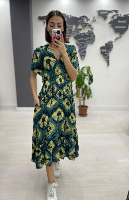 Rochie midi din bumbac, cu elastic in talie si imprimeu galben pe fond turcoaz