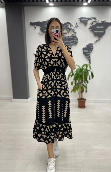 Rochie midi din bumbac, cu elastic in talie si imprimeu bej pe fond negru