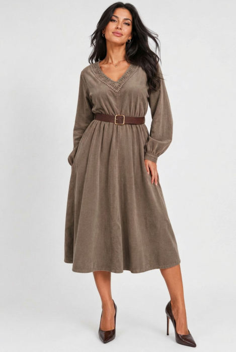 Rosa 99 Rochie midi din catifea reiata de bumbac cu dantela si curea, bej inchis