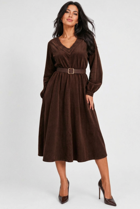 Rochie midi din catifea reiata de bumbac cu dantela si curea, maro