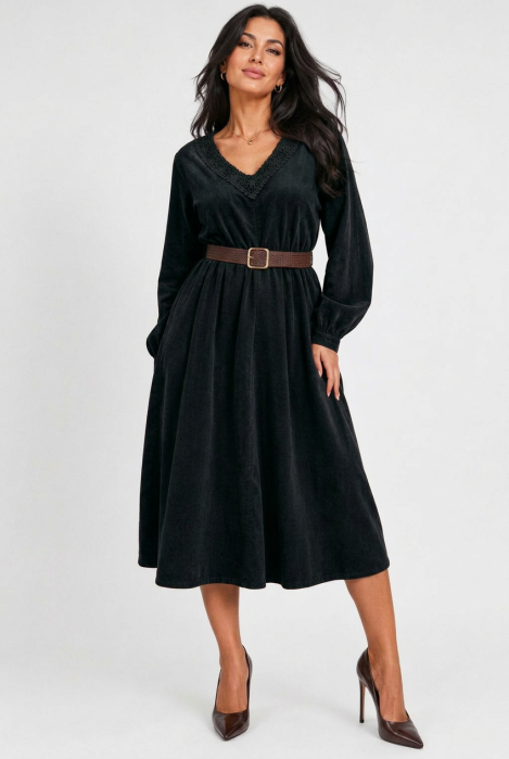 Rosa 99 Rochie midi din catifea reiata de bumbac cu dantela si curea, neagra