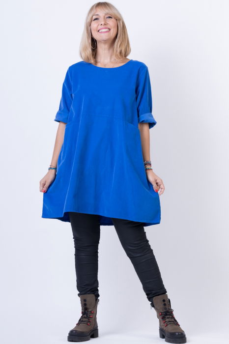 Rochie din catifea reiata, oversize, albastru electric [4]