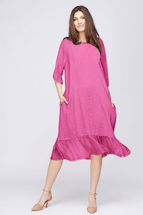 Rochie midi din in fucsia cu volane din matase si funda pe spate [2]