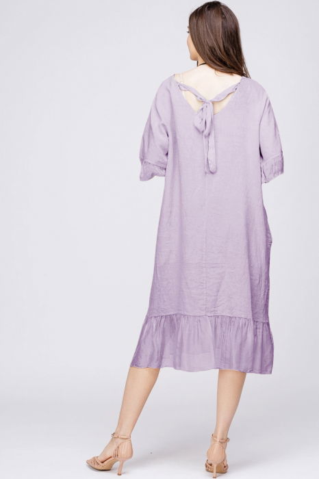 Rochie midi din in lila cu volane din matase si funda pe spate [3]
